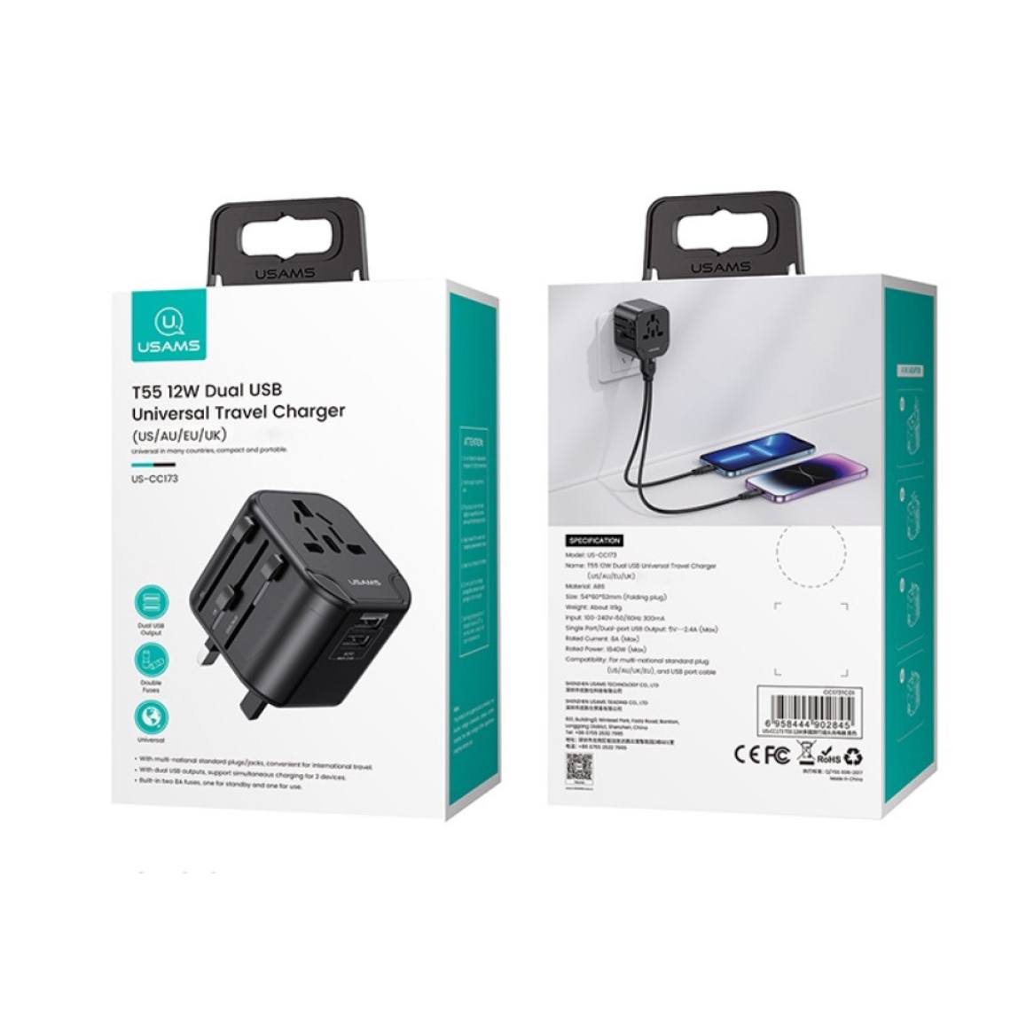 Мережевий зарядний пристрій Usams US-CC173 T55 2USB Universal 12W US/AU/EU/UK