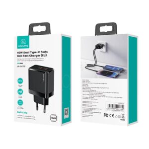 Мережевий зарядний пристрій Usams US-CC172 T54 2Type-C GaN 2 PD 40W EU Швидка зарядка