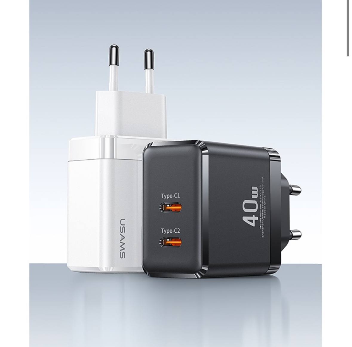 Мережевий зарядний пристрій Usams US-CC172 T54 2Type-C GaN 2 PD 40W EU Швидка зарядка - Зображення 3
