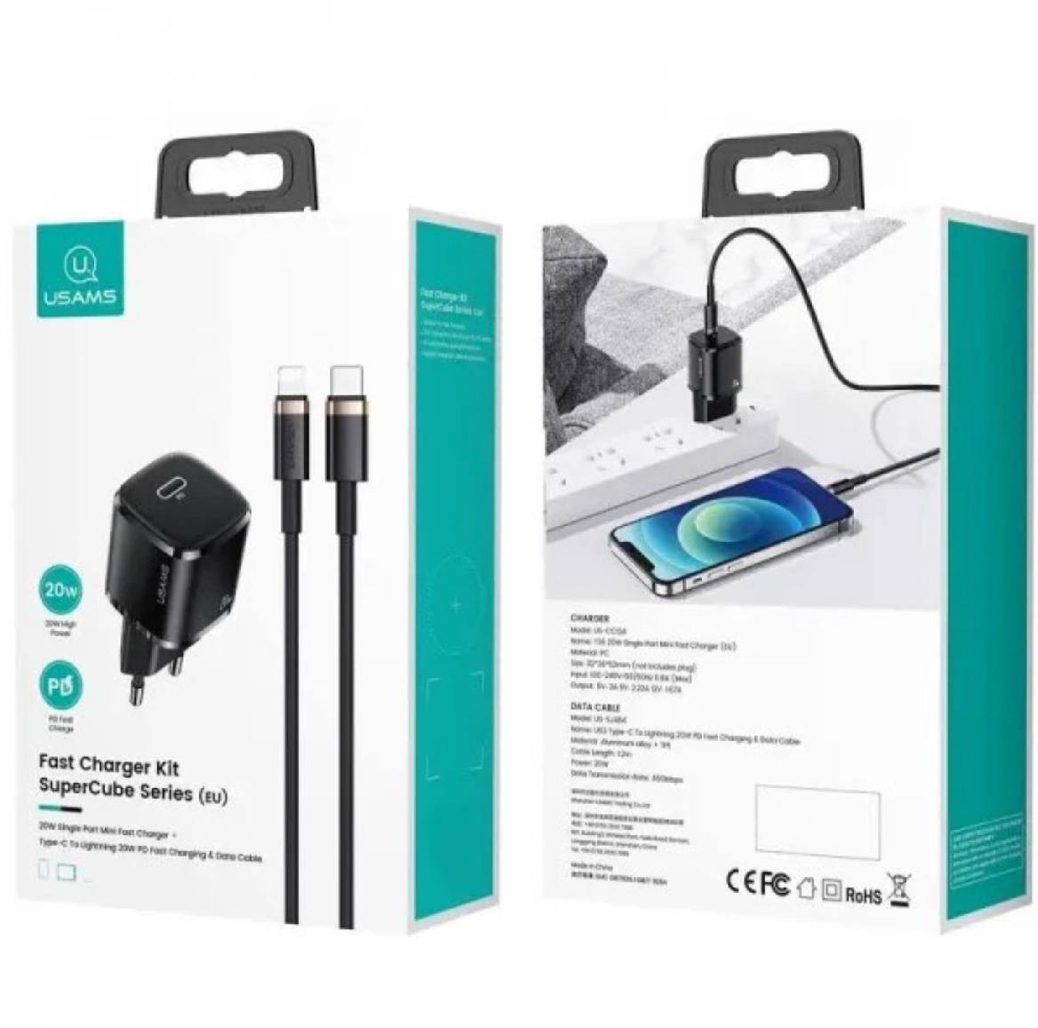 Мережевий зарядний пристрій Usams-XFK (T36 EU charger PD20W + US-SJ484 U63 Type-C to Lightning) - Зображення 2