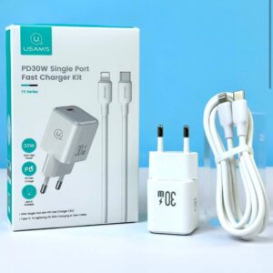 Мережевий зарядний пристрій Usams Kit-YX (US-CC186 PD30W (EU) + US-SJ610 U84 Type-C to Lightning PD20W 1m)