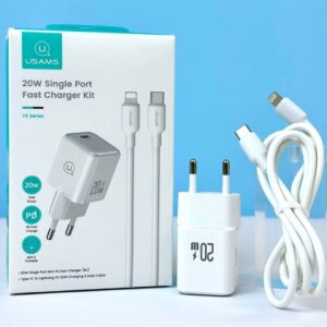 Мережевий зарядний пристрій Usams Kit-YX (US-CC183 PD20W (EU)+US-SJ610 U84 Type-C to Lightning PD20W 1m)
