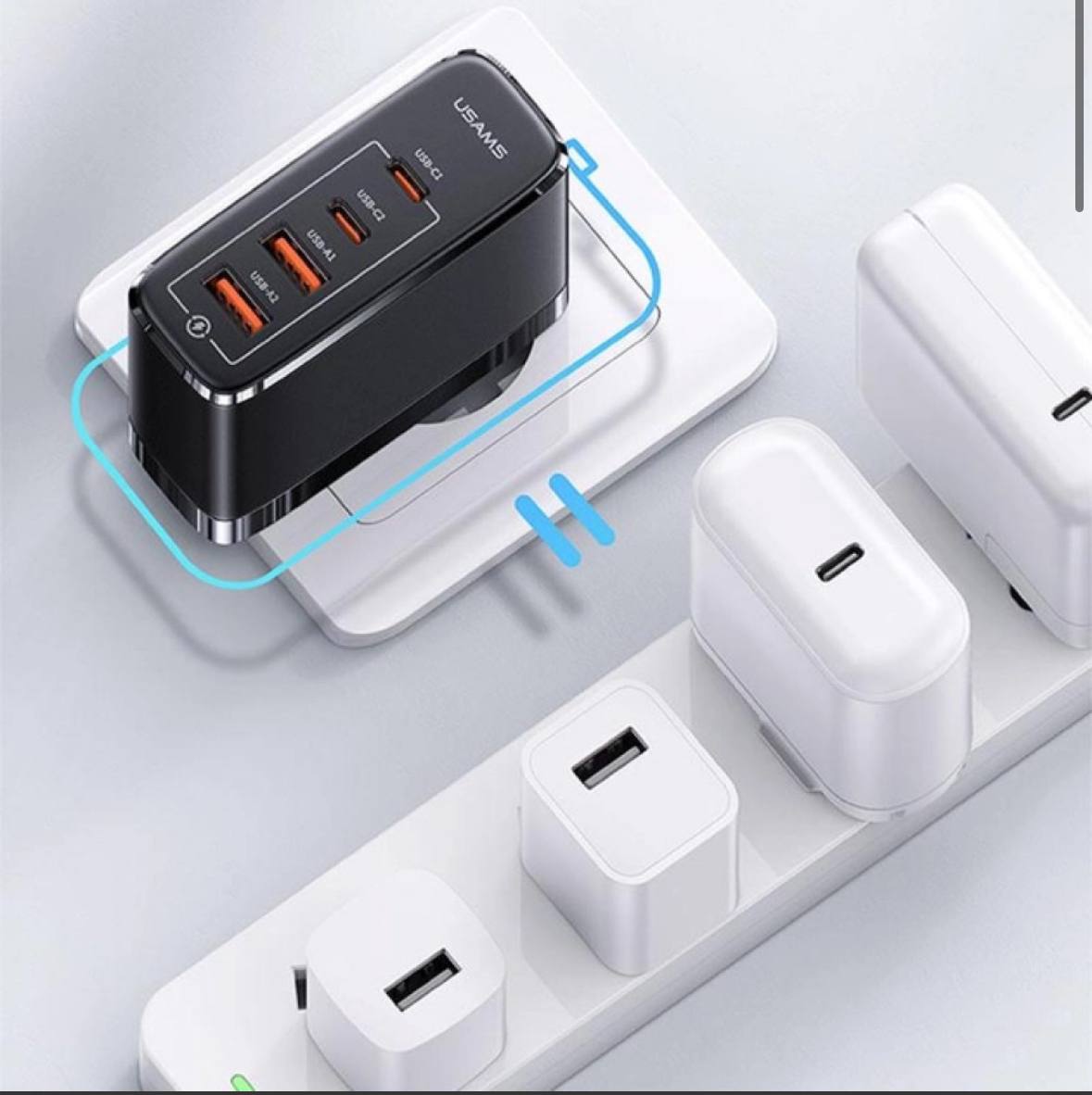 Мережевий зарядний пристрій Usams (T44 2Type-C+2USB GaN 100W PD+SJ524 U71 Type-C to TypeC 100W PD 1.2m) - Зображення 5