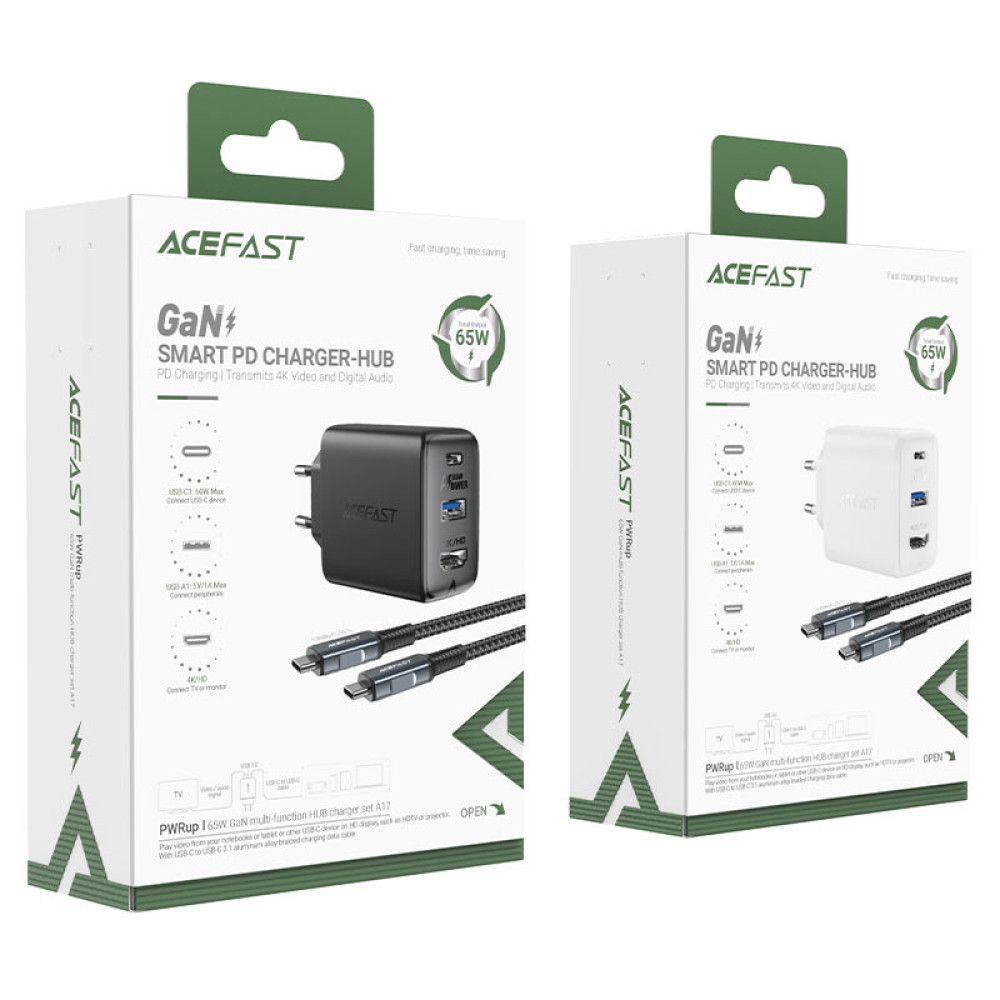 Mережевий зарядний пристрій AceFast A17 GaN3 Type-C to Type-C 65W 1USB-C 1USB +HDMI 4K HD Швидка зарядка