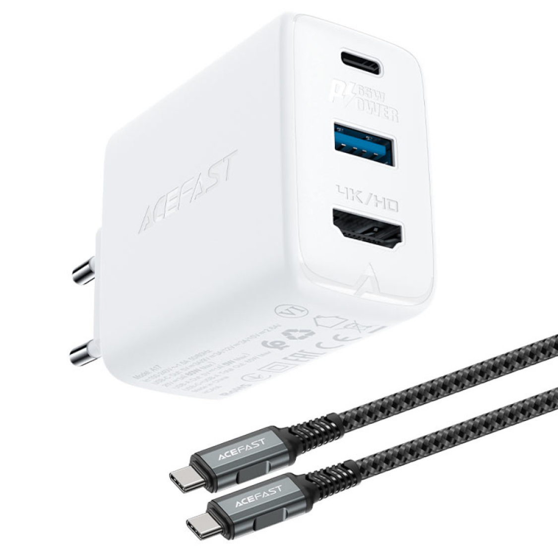 Mережевий зарядний пристрій AceFast A17 GaN3 Type-C to Type-C 65W 1USB-C 1USB +HDMI 4K HD Швидка зарядка - Зображення 6