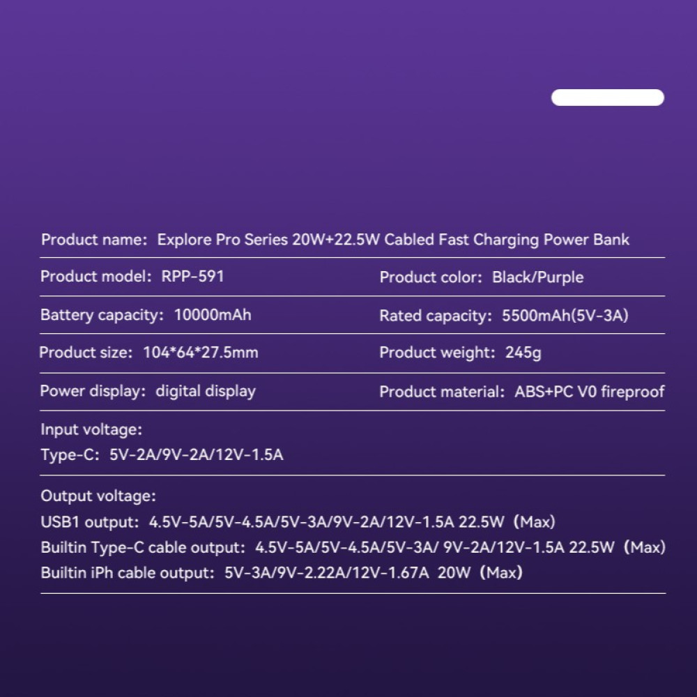Power Bank Remax RPP-591 10000mAh Explore Pro Series PD20W+QC22.5W with cable 3-in-1 - Зображення 8