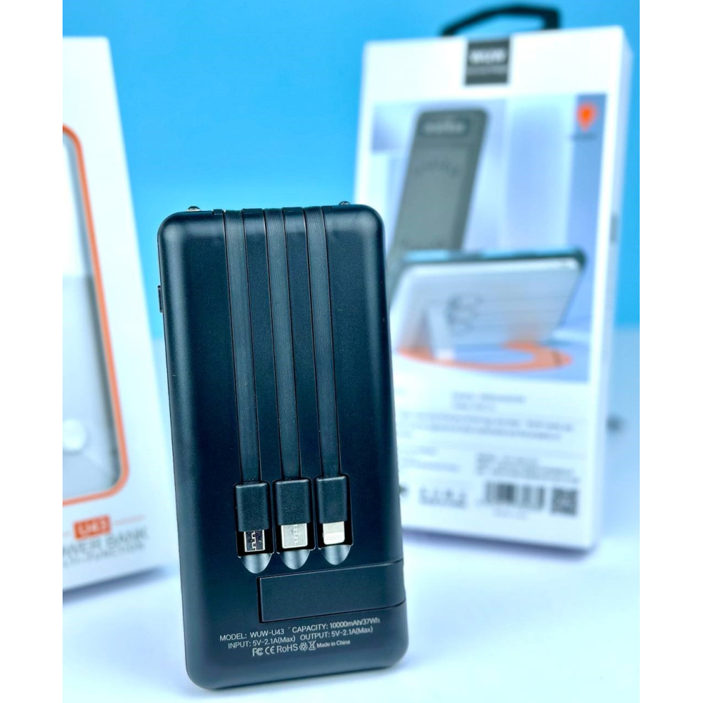 Power Bank WUW U43 10000mAh USB+Type-C з кабелем Lightning/Micro/Type-C+підставка - Зображення 2