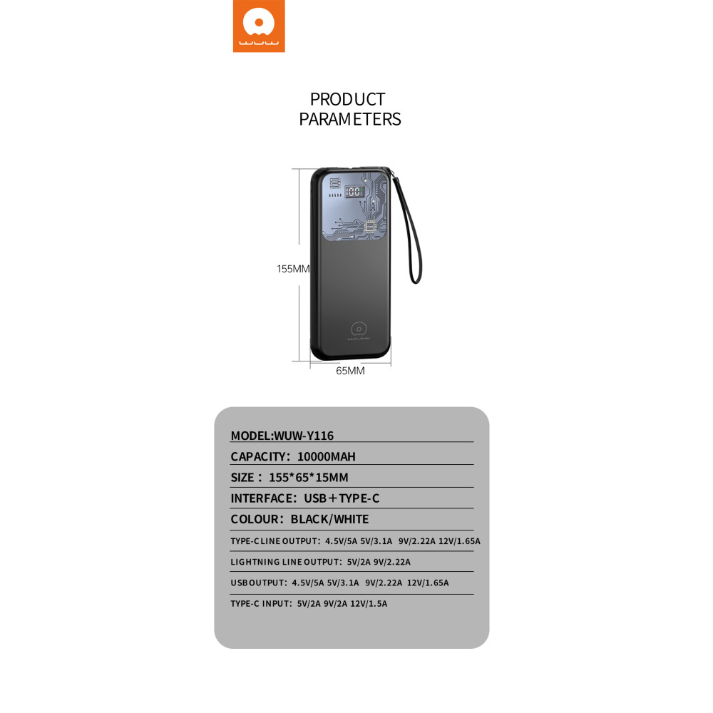 Power Bank WUW Y116 10000mAh PD22.5W USB+Type-C - Зображення 4